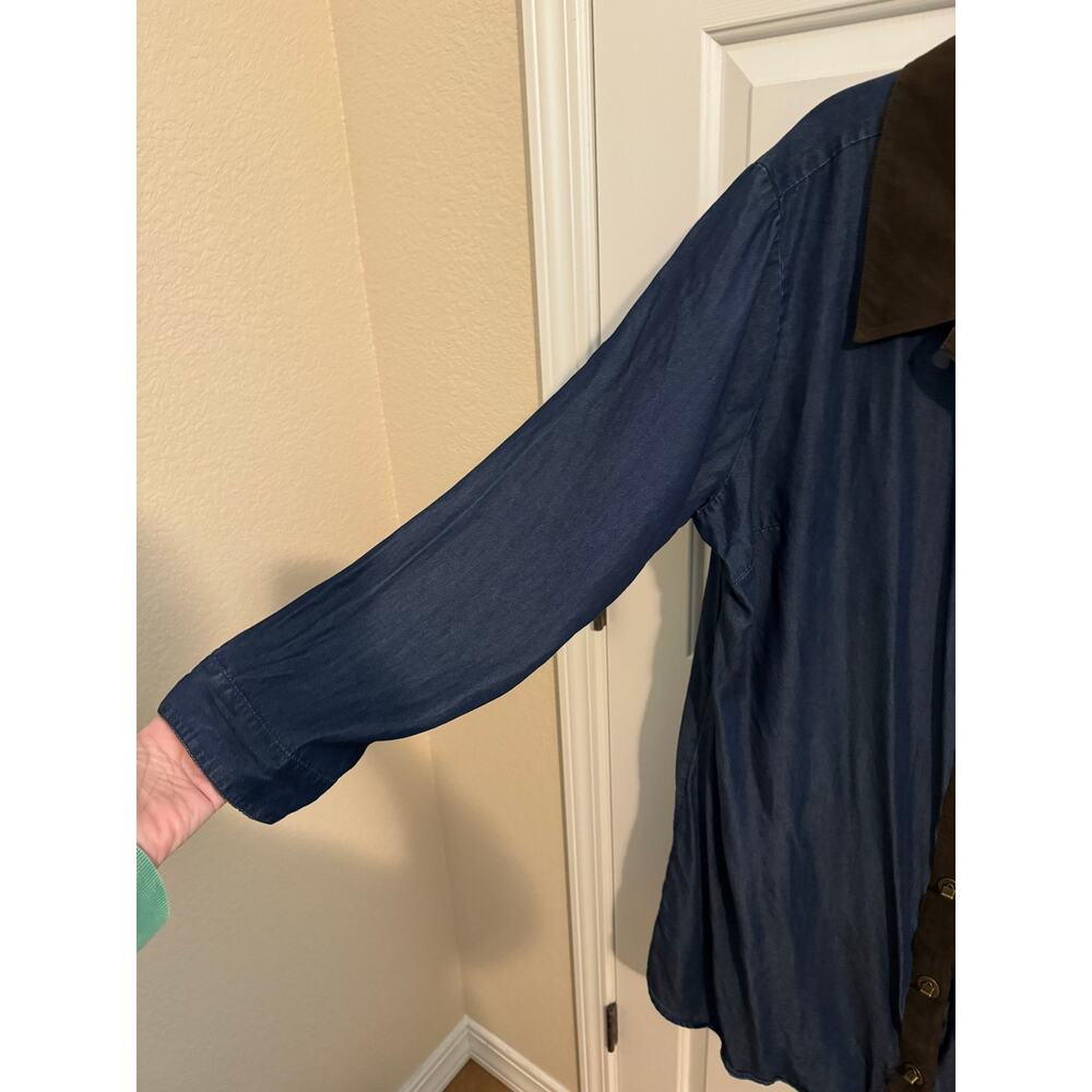 Soft Surroundings Chambray Shirt Dress Faux Suede Western Plus 2X Blue. - Picture 6 of 9